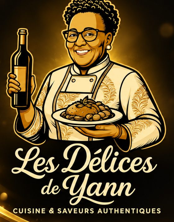 Chef Yann holding a plate of Haitian food and a bottle of liqueur, the Les Délices de Yann logo