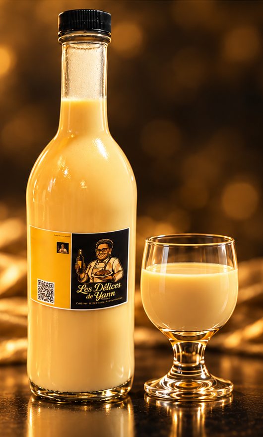 A bottle of Délices de Yann cream liqueur with the chef label, next to a small stemmed glass